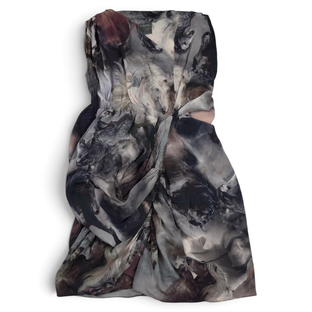 AllSaints Stallion Yavhi Silk Horse Print Ruched Dark Romantic Y2K Dress